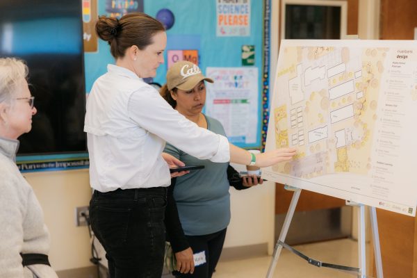 Community members learn about design plans for the Cool Schools Yolo Program.