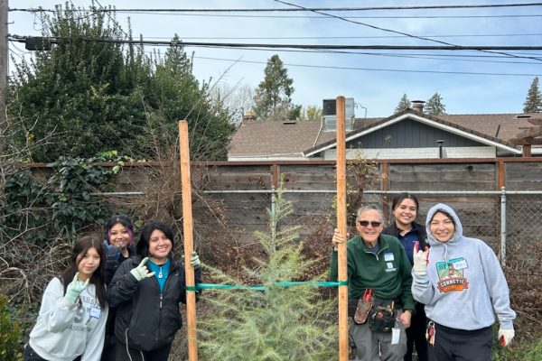 Volunteers pose with a newly planted tree.